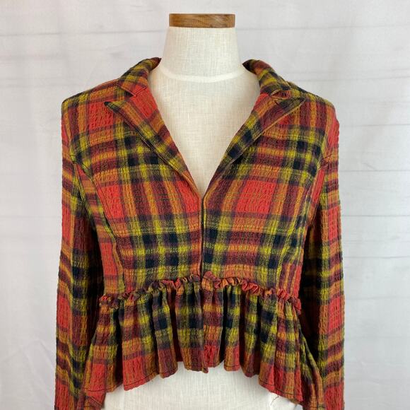 We The Free People Ruffled Up Plaid Shirt Jacket Women S Rust Boho Cowgirl FALL - Picture 2 of 11